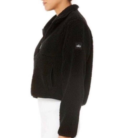Alo Half-Zip Sherpa Jacket Black Shearling Teddy cabin Sweater $160 Size M - Picture 3 of 5